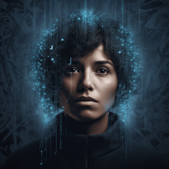 Porträt einer Person mit digitalen, leuchtenden Datenstrukturen im Haar – Symbolbild für den Einfluss von AI auf moderne Suchtechnologien und Marketingstrategien