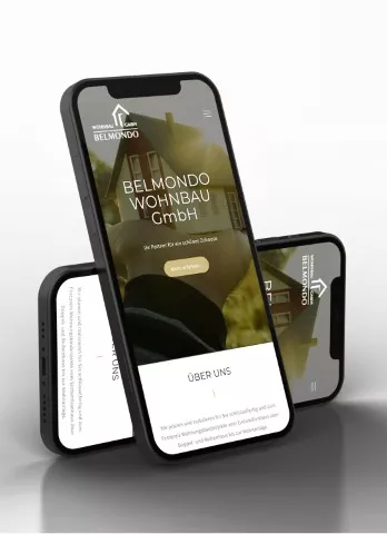 belmondo wohnbau ecommerce technische und grafische umsetzung dargestellt auf zwei iphone displays in dunklem design